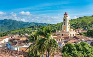 Trinidad de Cuba a travelling landmark in the Caribbean Aerial view of Trinidad skyline including the Convent of Saint Assisi which is currently used as the Museum of the Fight Against Bandits