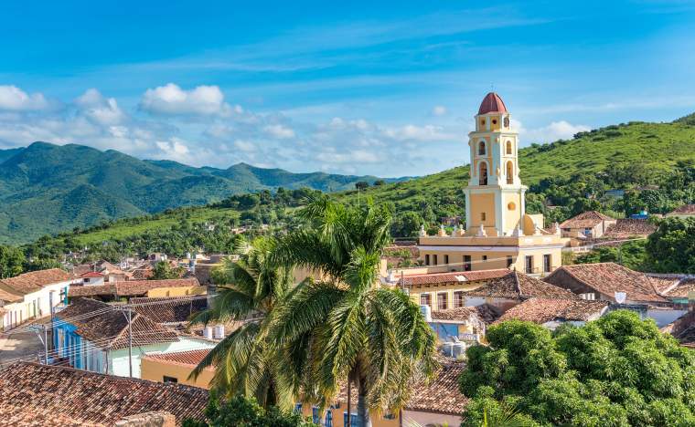 Trinidad de Cuba a travelling landmark in the Caribbean Aerial view of Trinidad skyline including the Convent of Saint Assisi which is currently used as the Museum of the Fight Against Bandits