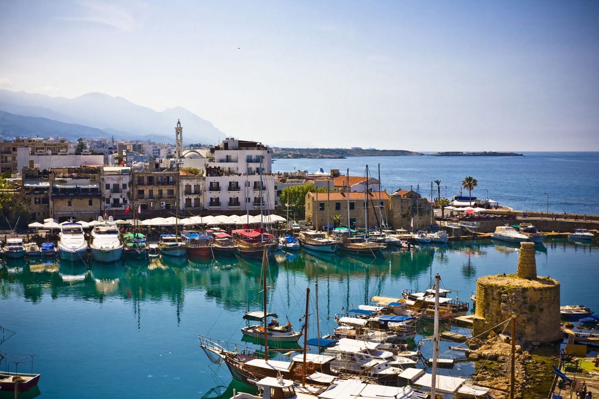 Boats and houses and reflections Marina of Kyrenia in Northern Cyprus