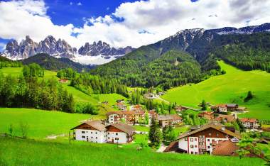 Amazing-scenery-of-Dolomites-Italian-Alps-View-with-village-Ma