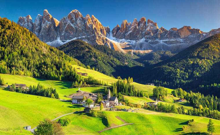Santa-Maddalena-village-with-magical-Dolomites-mountains-in-background Trentino-Alto-Adige-region-Italy