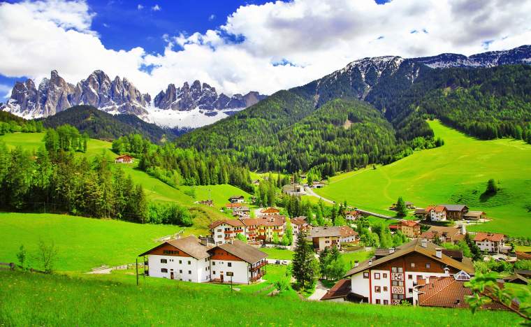 Amazing-scenery-of-Dolomites-Italian-Alps-View-with-village-Ma