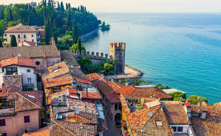 View-of-the-Italian-town-of-Sirmione-and-Lake-Garda-from-the-tower-Scaliger