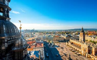 Aerial-view-on-the-main-market-square-from-St.-Marys-basilica-tower-in-Krakow