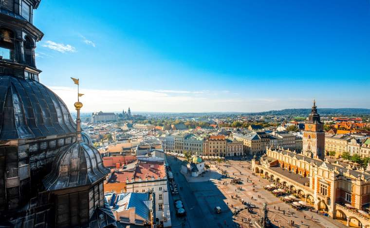 Aerial-view-on-the-main-market-square-from-St.-Marys-basilica-tower-in-Krakow