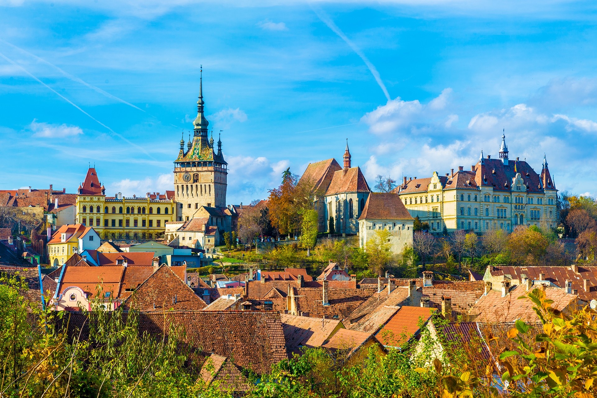 Panoramic view over the medieval fortress Sighisoara city Transylvania Romania