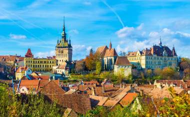 Panoramic view over the medieval fortress Sighisoara city Transylvania Romania