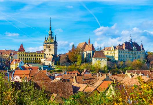 Panoramic view over the medieval fortress Sighisoara city Transylvania Romania