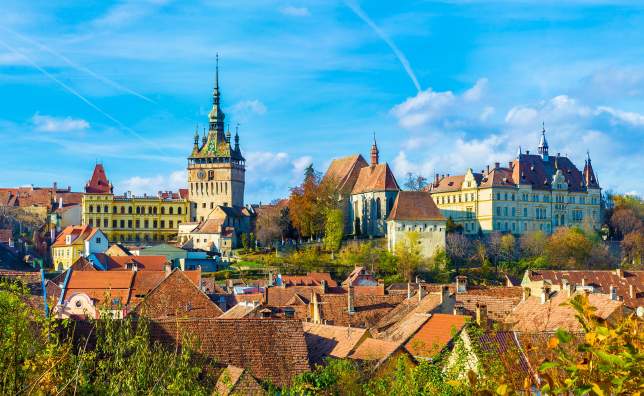 Panoramic view over the medieval fortress Sighisoara city Transylvania Romania