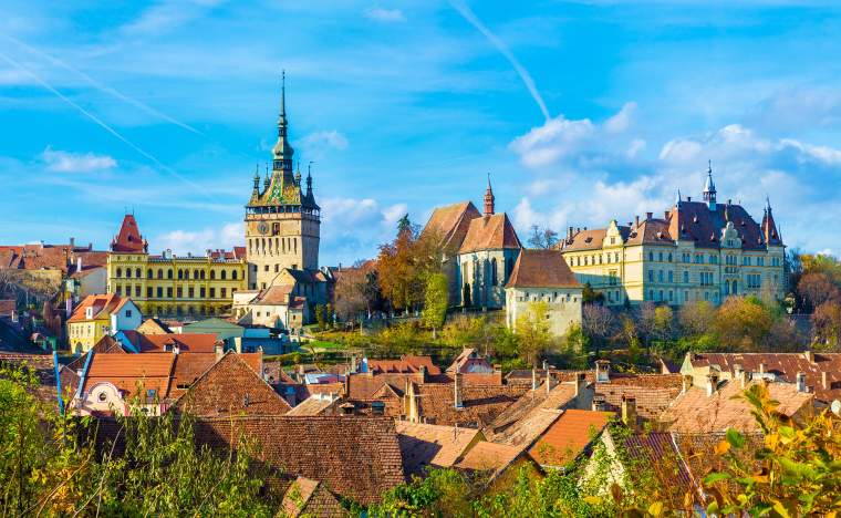 Panoramic view over the medieval fortress Sighisoara city Transylvania Romania