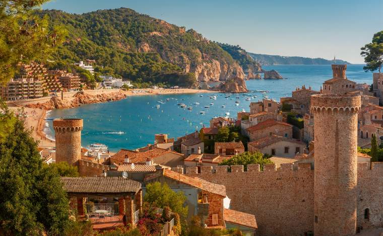 Aerial view of Fortress Vila Vella and Badia de Tossa bay at summer in Tossa de Mar