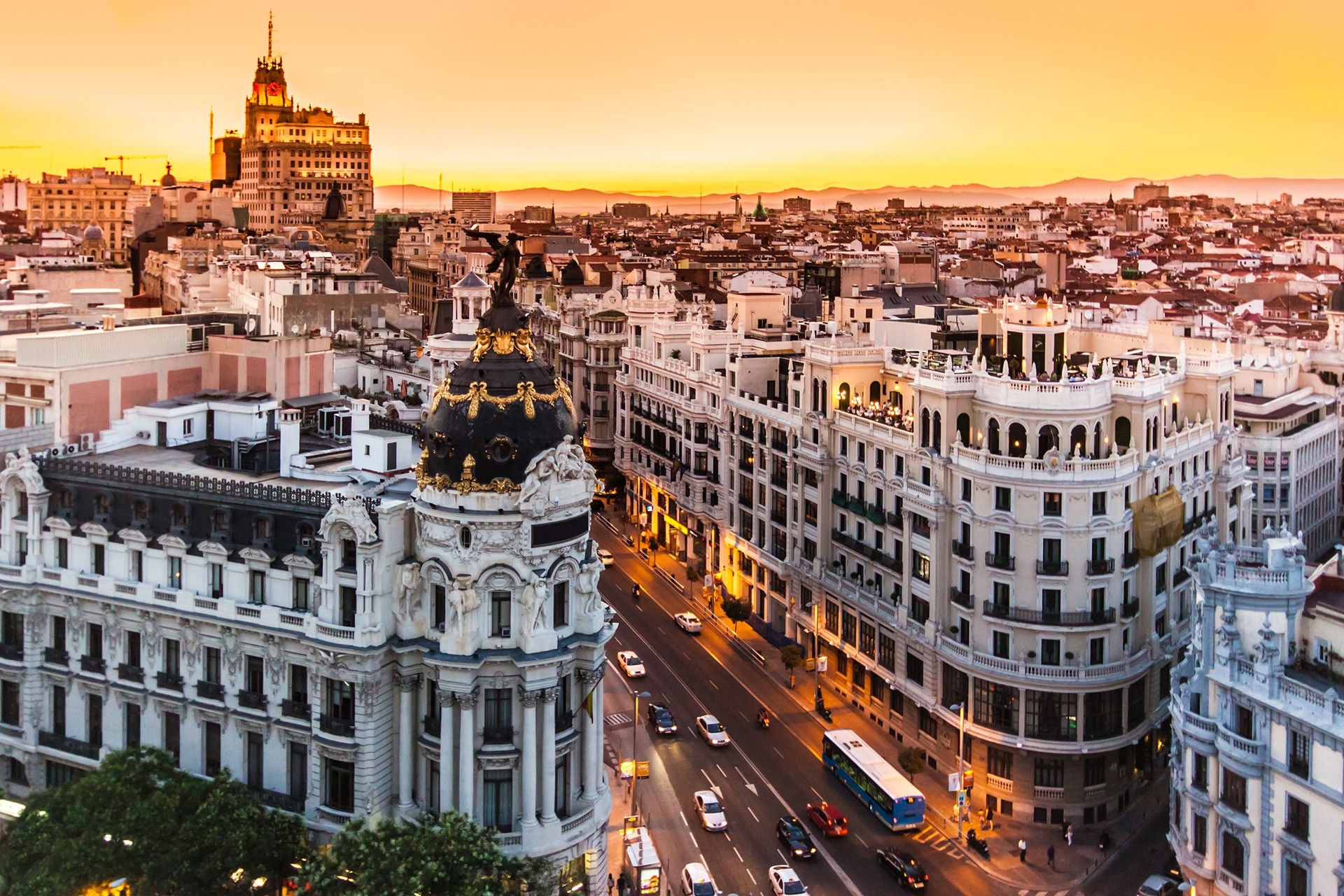 Panoramic aerial view of Gran Via main shopping street in Madrid capital of Spain Europe