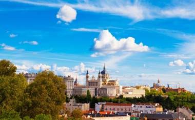 Panorama of Madrid Spain with the Royal Palace and the Almudena Cathedral