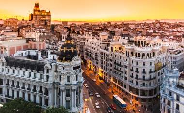 Panoramic aerial view of Gran Via main shopping street in Madrid capital of Spain Europe