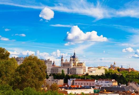Panorama of Madrid Spain with the Royal Palace and the Almudena Cathedral