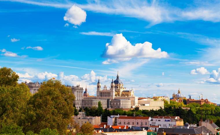 Panorama of Madrid Spain with the Royal Palace and the Almudena Cathedral