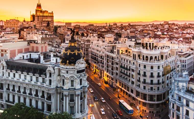 Panoramic aerial view of Gran Via main shopping street in Madrid capital of Spain Europe