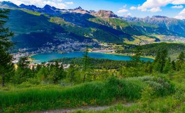 View of St Moritz from a mountain trail in summer